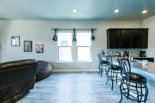 interior space featuring sink, light stone counters, tasteful backsplash, dark brown cabinetry, and light wood-type flooring