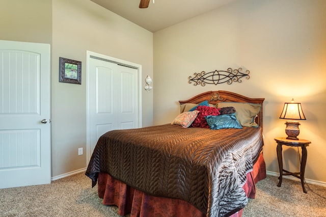 bedroom with light colored carpet and ceiling fan