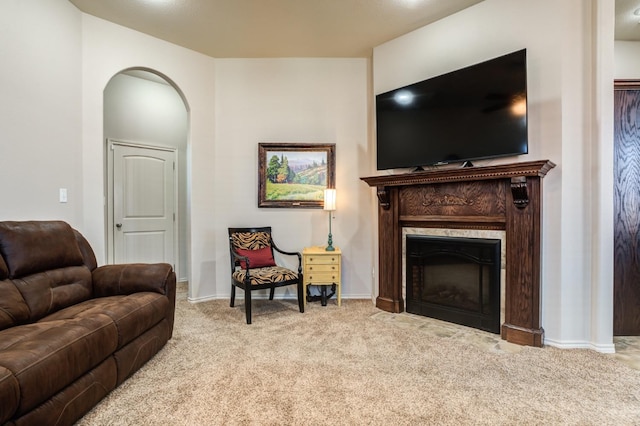 living room with light colored carpet