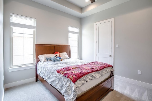 bedroom featuring multiple windows and light carpet