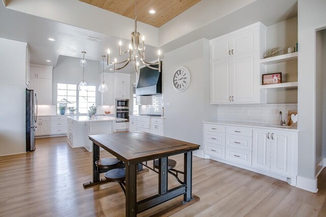 kitchen featuring a kitchen island, pendant lighting, white cabinets, and appliances with stainless steel finishes