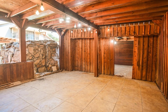 basement with wood ceiling and wooden walls