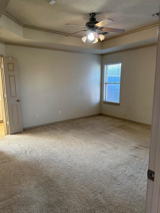 empty room featuring crown molding, a raised ceiling, carpet floors, and a textured ceiling