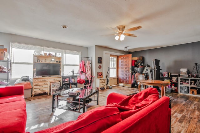 living room featuring hardwood / wood-style floors, a healthy amount of sunlight, and ceiling fan