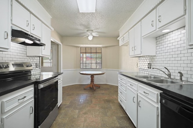 kitchen featuring white cabinetry, stainless steel electric range oven, and black dishwasher