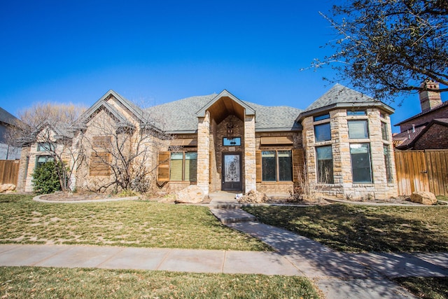 view of front of home featuring a shingled roof, stone siding, fence, a front lawn, and brick siding