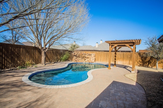 view of swimming pool featuring a fenced backyard, a patio, and a pergola