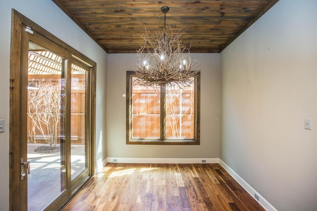 unfurnished dining area featuring plenty of natural light, wood finished floors, and wood ceiling