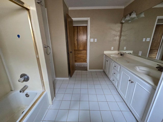 bathroom with tile patterned flooring, vanity, bathing tub / shower combination, and crown molding