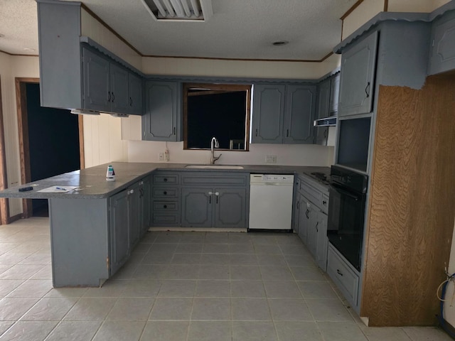 kitchen with dishwasher, sink, gray cabinetry, oven, and kitchen peninsula