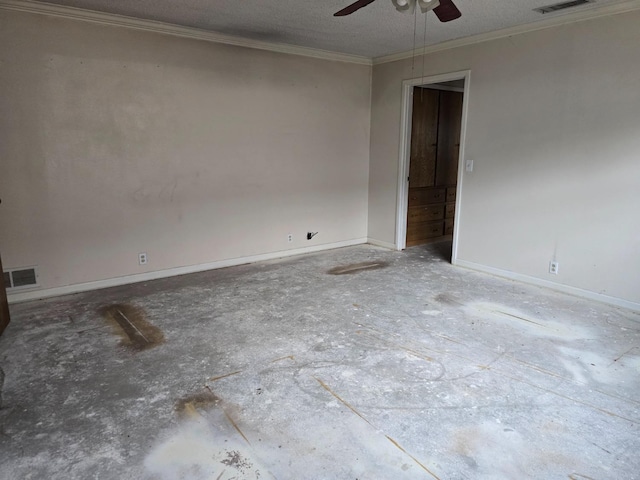 unfurnished room featuring ornamental molding, ceiling fan, and a textured ceiling