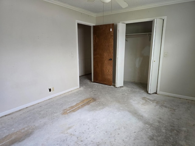 unfurnished bedroom featuring crown molding, ceiling fan, and a closet