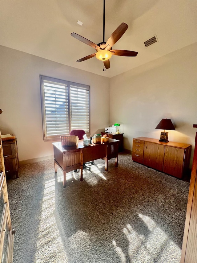 office area featuring ceiling fan and carpet