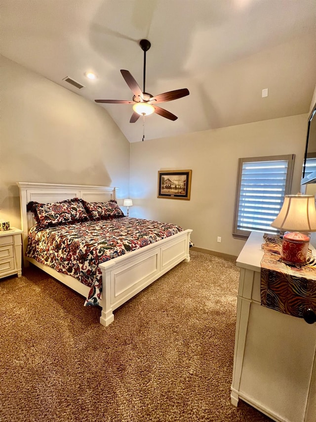 bedroom with lofted ceiling, carpet flooring, and ceiling fan