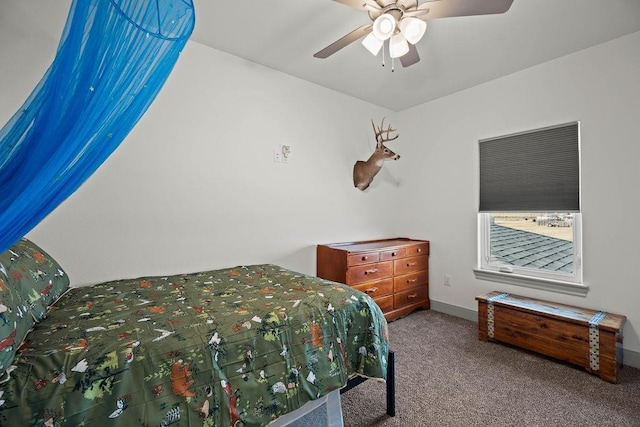 bedroom with baseboards, carpet, and ceiling fan