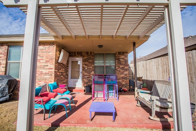 view of patio / terrace featuring an outdoor living space, a grill, and a pergola