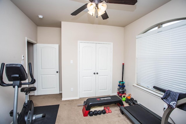 workout room with carpet flooring and ceiling fan