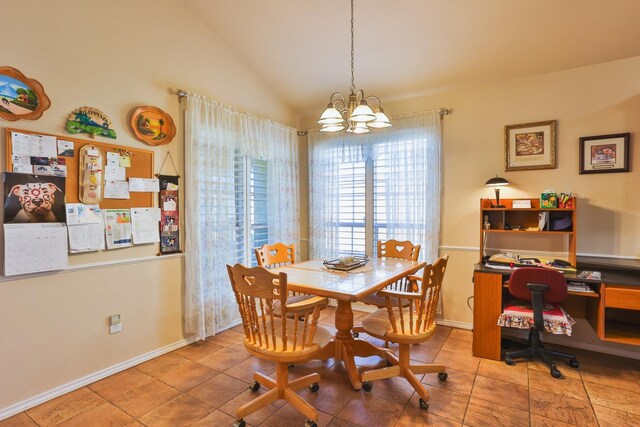 dining room with tile patterned floors, lofted ceiling, and a chandelier