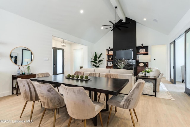 4029 136th St, Lubbock, TX 79423 - dining room featuring beamed ceiling, light wood-style flooring, high vaulted ceiling, ceiling fan, and baseboards
