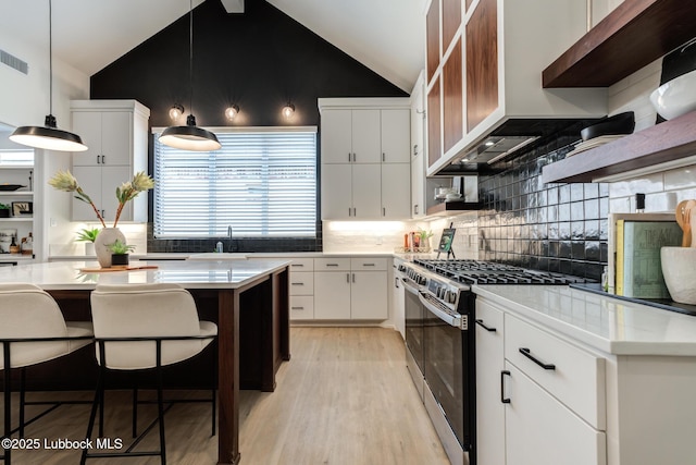 4029 136th St, Lubbock, TX 79423 - kitchen featuring stainless steel range with gas stovetop, white cabinets, lofted ceiling, a sink, and open shelves