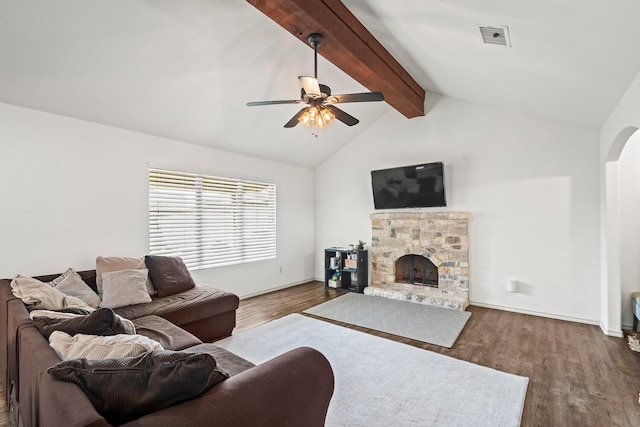living room with ceiling fan, wood finished floors, a fireplace, and baseboards