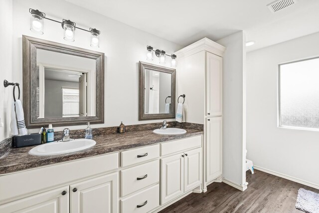 bathroom with wood finished floors, double vanity, and baseboards