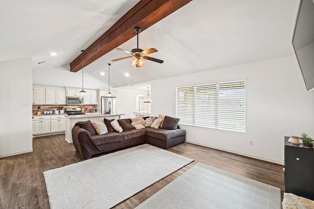living room featuring dark wood-style flooring, ceiling fan, and recessed lighting