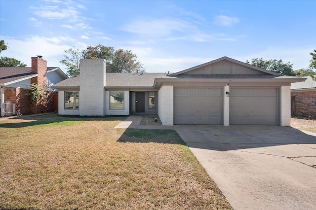 ranch-style house featuring brick siding, a front yard, concrete driveway, and an attached garage