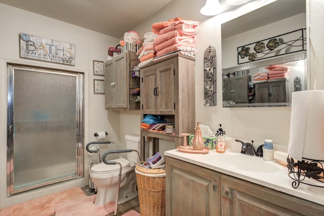 bathroom with vanity, toilet, and a shower with shower door