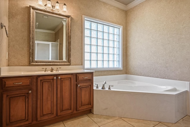 bathroom featuring tile patterned flooring, ornamental molding, vanity, and plus walk in shower