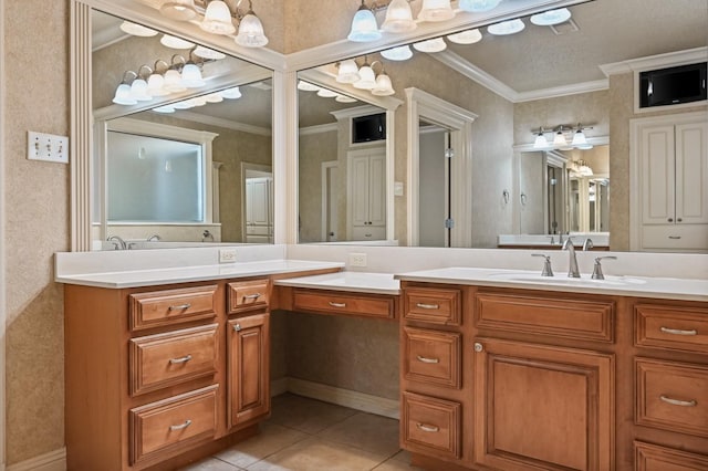 bathroom featuring crown molding, tile patterned floors, and vanity