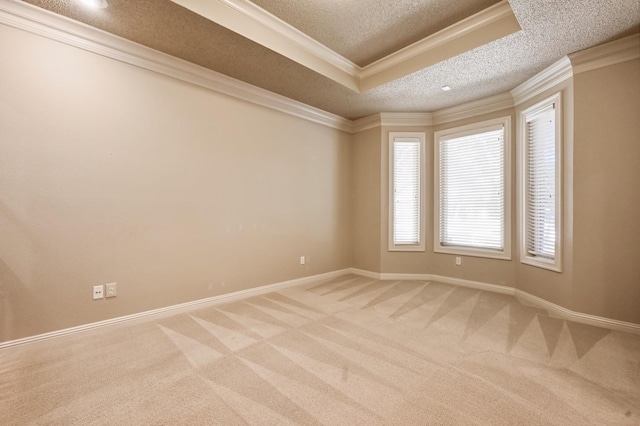 carpeted empty room with crown molding, a textured ceiling, and a tray ceiling