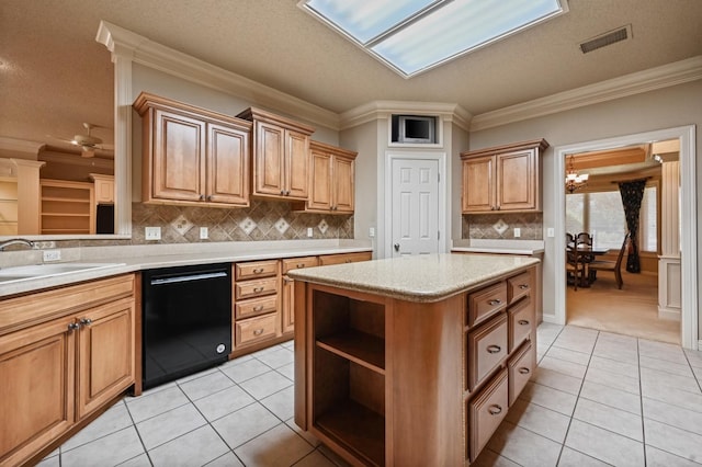 kitchen featuring dishwasher, sink, backsplash, and ornamental molding