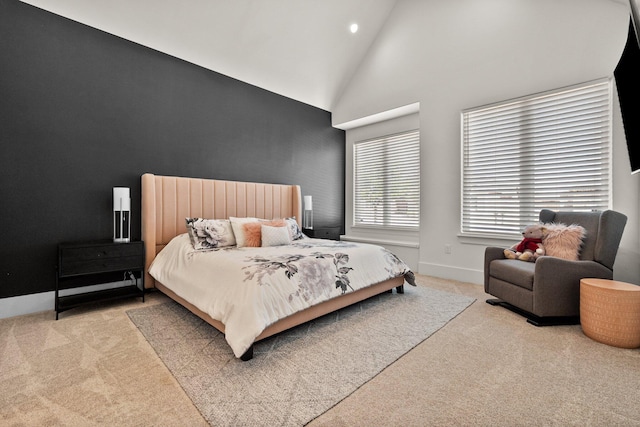 bedroom featuring recessed lighting, baseboards, carpet flooring, and high vaulted ceiling