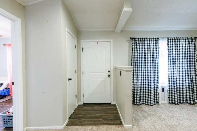 entrance foyer featuring dark carpet