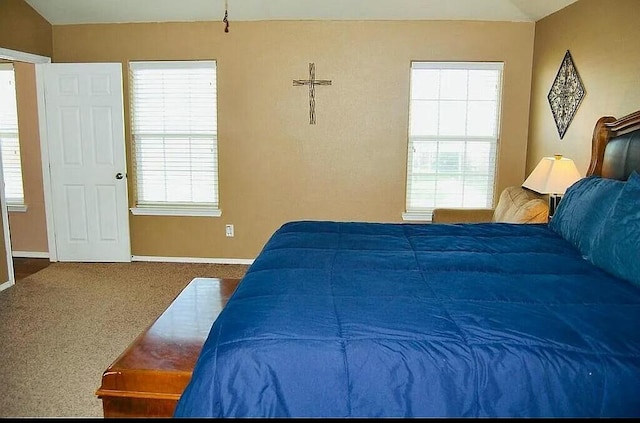 bedroom with vaulted ceiling, carpet, and multiple windows