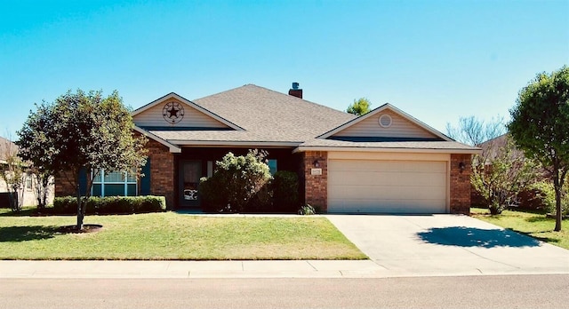 ranch-style house featuring a garage and a front yard