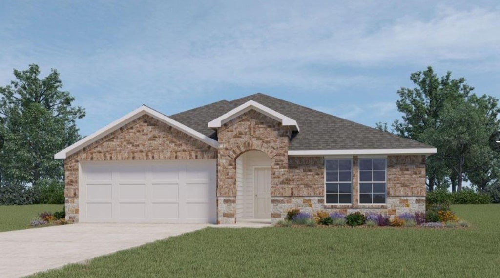 ranch-style home with a garage and a front yard