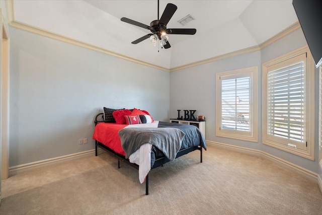 carpeted bedroom featuring visible vents, a ceiling fan, and baseboards