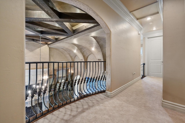 hall featuring recessed lighting, baseboards, carpet floors, and a textured wall