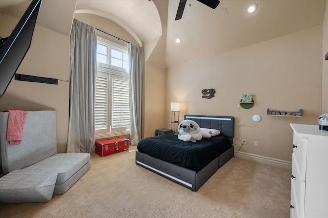 bedroom featuring carpet, baseboards, recessed lighting, ceiling fan, and vaulted ceiling