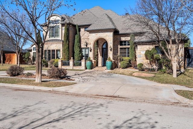 french country home featuring fence, stone siding, and a shingled roof