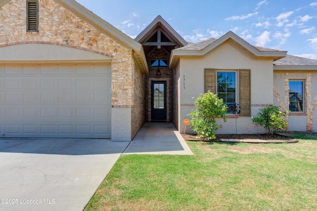 5713 116th St, Lubbock, TX 79424 - view of front facade with stone siding, a front yard, concrete driveway, stucco siding, and an attached garage