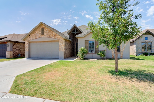 5713 116th St, Lubbock, TX 79424 - ranch-style home featuring an attached garage, concrete driveway, a front yard, brick siding, and a shingled roof