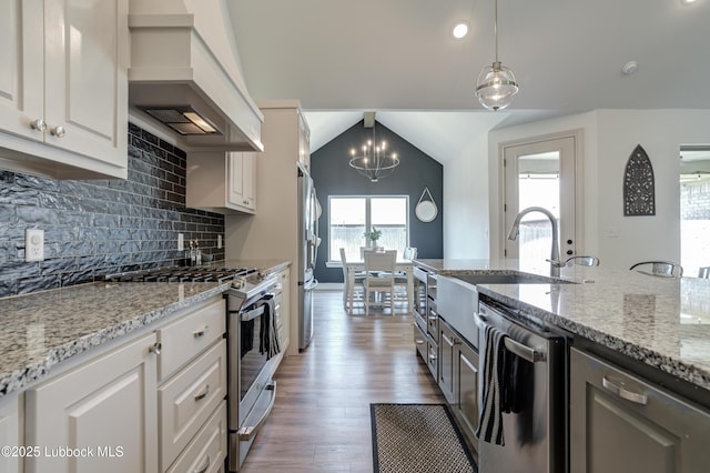 5713 116th St, Lubbock, TX 79424 - kitchen featuring premium range hood, stainless steel appliances, healthy amount of natural light, wood finished floors, and vaulted ceiling