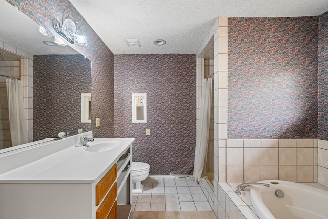 full bathroom featuring tile patterned flooring, plus walk in shower, a textured ceiling, and toilet