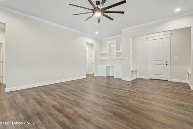 1016 N Genoa Ave, Lubbock, TX 79416 - unfurnished living room featuring a ceiling fan, crown molding, dark wood-style floors, recessed lighting, and built in features