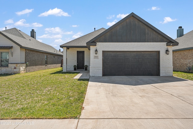 1016 N Genoa Ave, Lubbock, TX 79416 - view of front of home with brick siding, driveway, a garage, a front yard, and board and batten siding