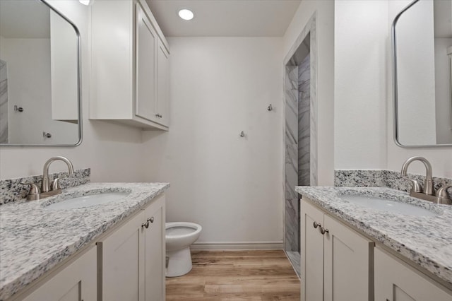 bathroom with hardwood / wood-style flooring, vanity, and toilet