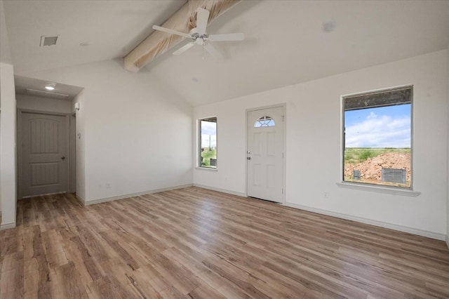 interior space featuring lofted ceiling with beams, ceiling fan, and light wood-type flooring